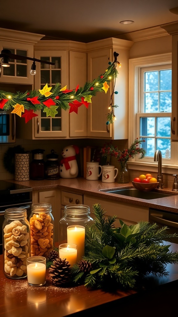 A festive kitchen adorned with DIY Christmas decorations, including garlands, treat-filled jars, and a holiday centerpiece.